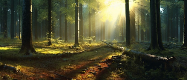 Un camino forestal con el sol brillando a través de los árboles.