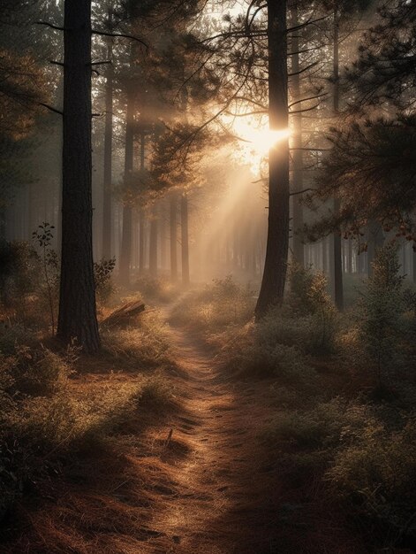 Un camino forestal con el sol brillando a través de los árboles.