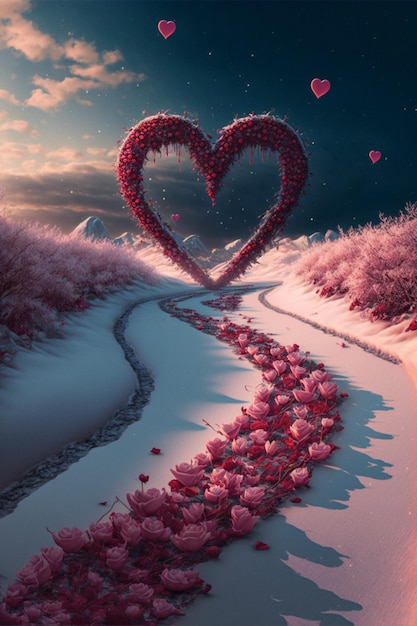 Camino en forma de corazón rodeado de flores rosas ai generativo.