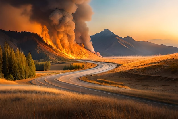 un camino frente a una montaña con humo que se levanta desde el fondo.