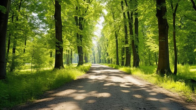 Camino de grava rural de un solo carril a través de los altos tilos verdes La luz del sol fluye a través de los troncos de los árboles Escena del bosque de hadas Arte esperanza cielo desierto soledad conceptos de naturaleza pura