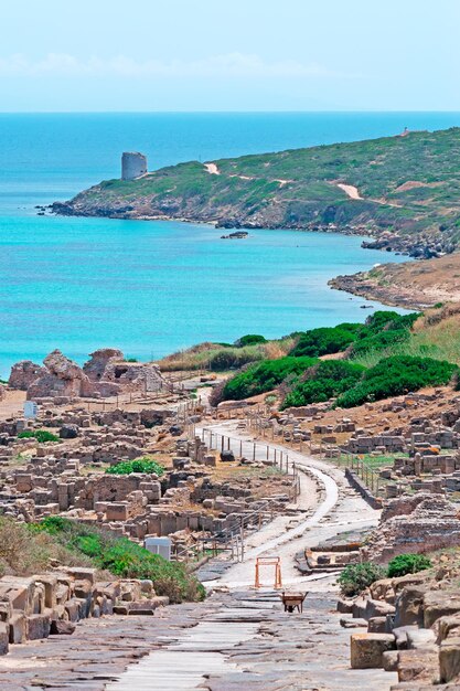 Camino hecho con piedras y madera en el sitio arqueológico de Tharros