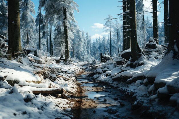 Camino helado en un bosque nevado de invierno nieve y hielo en la naturaleza hermoso paisaje de invierno