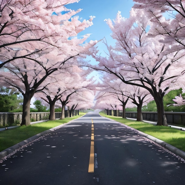 Un camino con una hilera de cerezos rosas