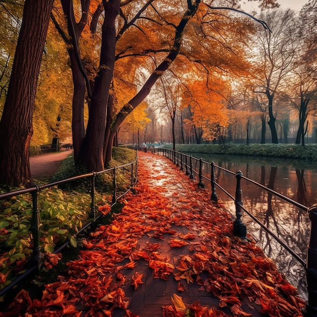 Un camino con hojas y una barandilla en el lado derecho.