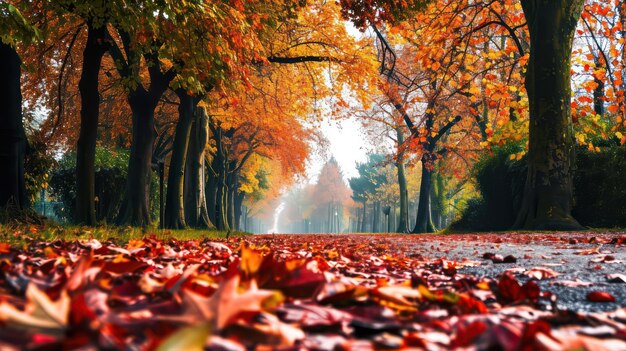 un camino con hojas de otoño en él y un camino con árboles en el fondo