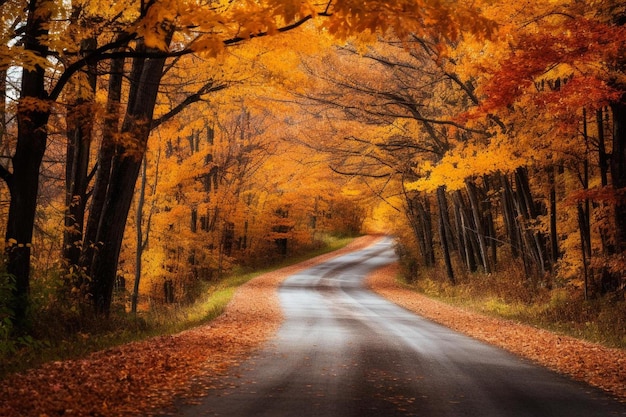 Un camino con hojas de otoño a un lado.