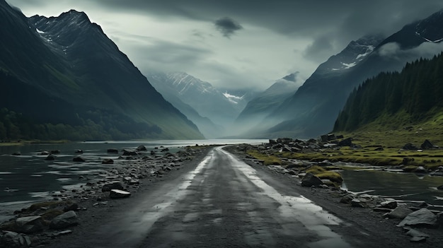 Camino de hormigón hacia paisajes verdes de montaña niebla cielo camino gris