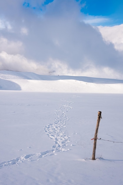 Camino de huellas de paisaje de invierno y cerca en el valle de nieve en un día soleado