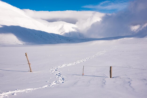 Camino de huellas de paisaje de invierno y cerca en el valle de nieve en un día soleado