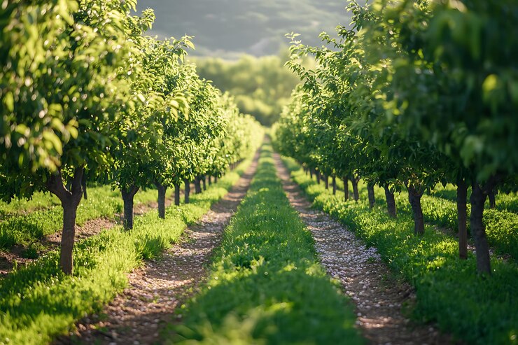 El camino del huerto sereno con exuberante vegetación