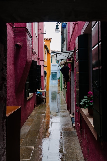 Foto camino húmedo entre edificios en la ciudad