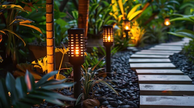 Camino iluminado del jardín con iluminación cálida rodeado de exuberante vegetación por la noche