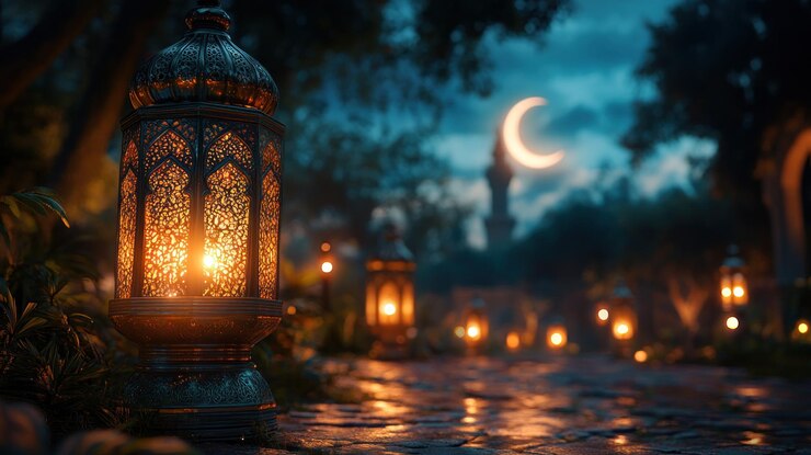 Camino iluminado con linternas ornamentadas en la luna media nocturna en el fondo