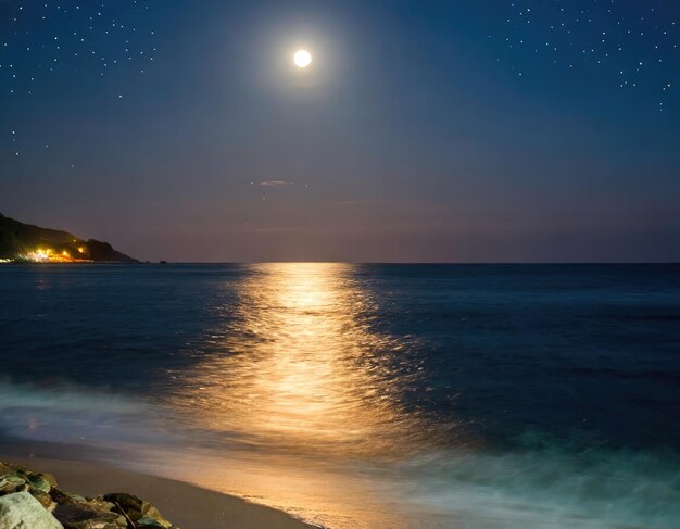 Camino iluminado por la luna a lo largo de la costa con un muelle que sobresale en el mar por la noche