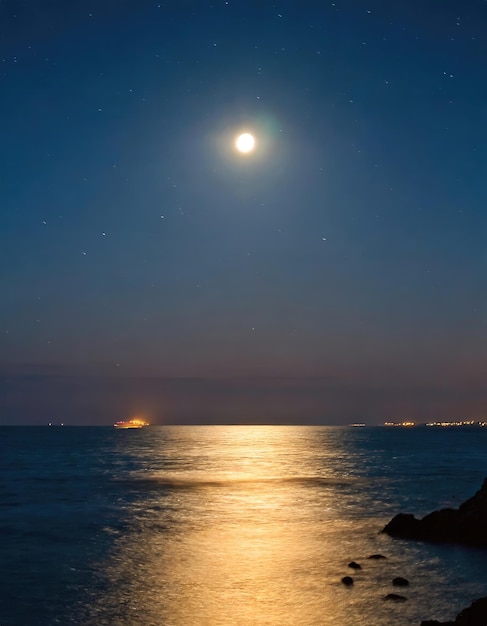 Camino iluminado por la luna a lo largo de la costa con un muelle que sobresale en el mar por la noche