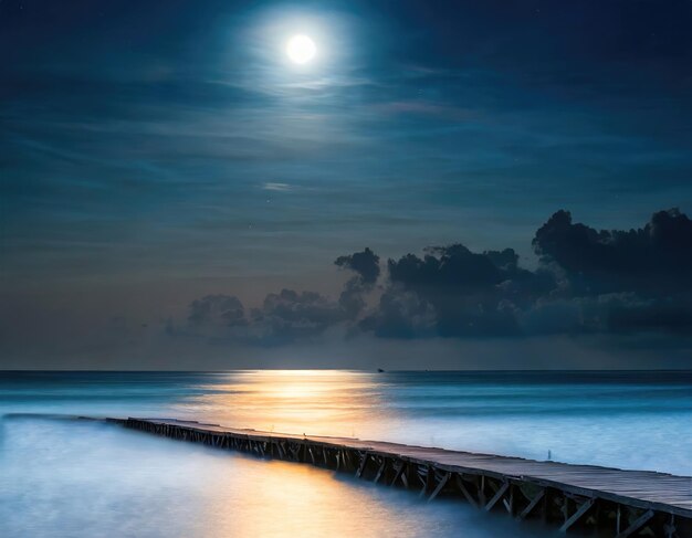 Camino iluminado por la luna a lo largo de la costa con un muelle que sobresale en el mar por la noche