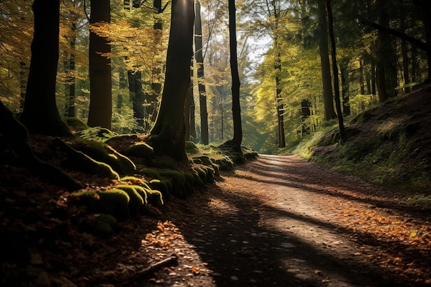 Camino iluminado por el sol a través de un denso bosque