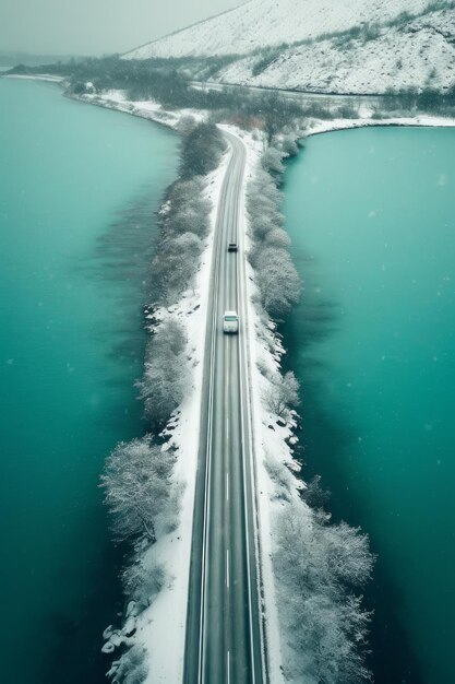 Un camino de invierno al lado del lago.