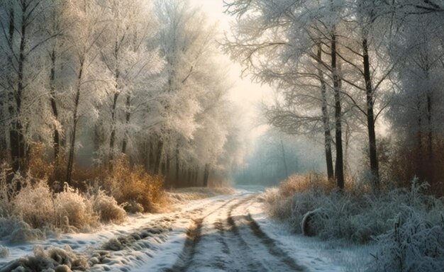 Camino de invierno con árboles en nevadas fuertes