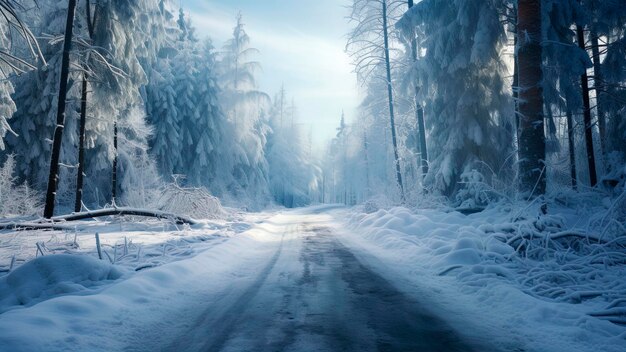 Foto camino de invierno en un bosque nevado generación ai