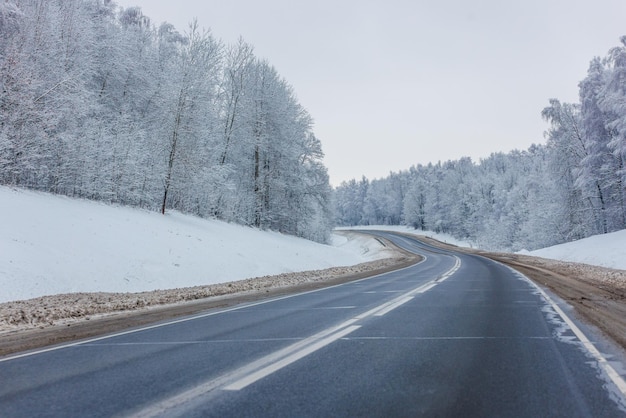 Camino de invierno entre bosques helados a la luz del día sin autos