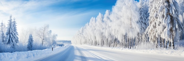 El camino de invierno cubierto de nieve soleada