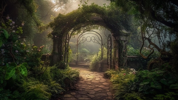 Un camino de jardín con un arco de piedra y flores.