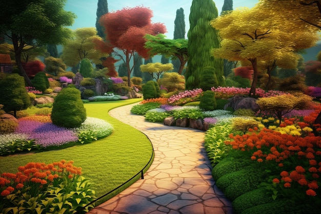 Un camino de jardín con un camino de jardín y árboles.