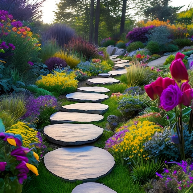 Un camino en un jardín con una flor morada y una flor morada.