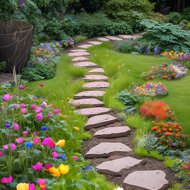Un camino en un jardín con flores de colores y algunas otras plantas.