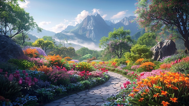 un camino en un jardín con flores y montañas en el fondo