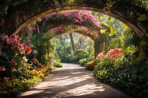 Un camino de jardín con flores y plantas.