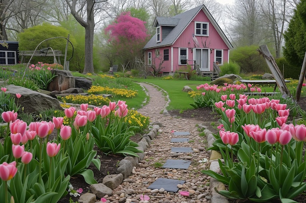 Camino en el jardín de flores de primavera con tulipanes rosados cerca de la casa