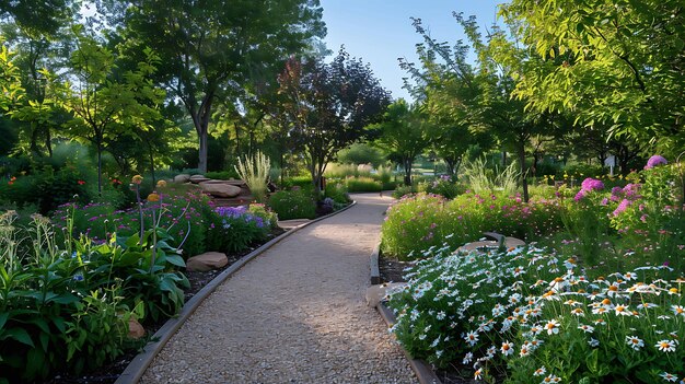 un camino de jardín con flores y rocas en el medio