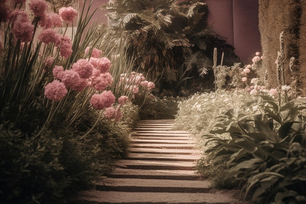 Un camino en un jardín con flores rosas y una planta rosa.