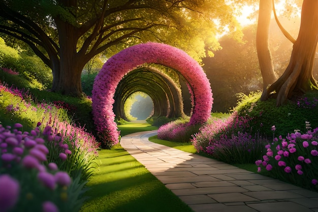 Un camino en el jardín con flores.