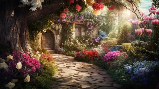 un camino de jardín con una puerta que conduce a una casa con flores en el fondo