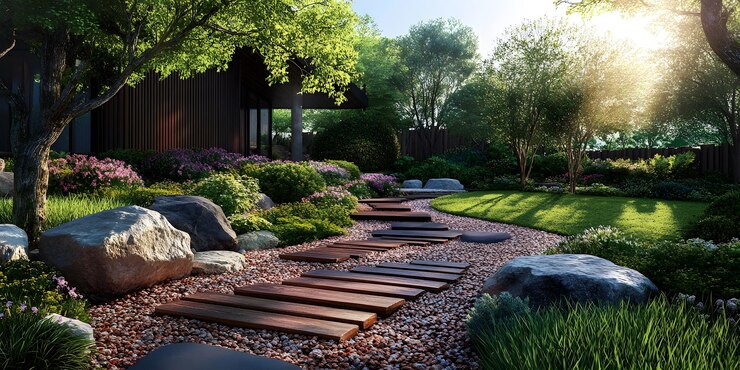 El camino del jardín sereno conduce a la casa moderna