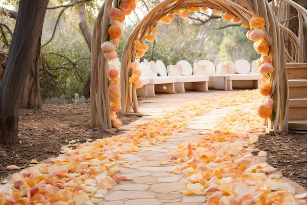 Foto camino de jardín temático con pétalos de flores de color melocotón