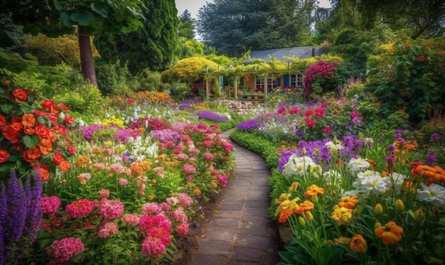 Un camino de jardín con una variedad de flores.
