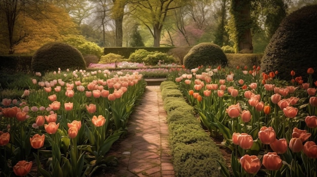 Un camino en un jardín con variedad de tulipanes.