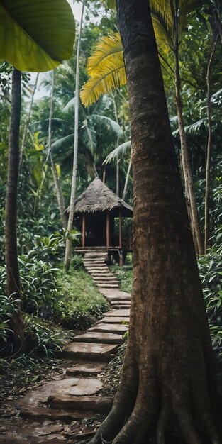 Foto un camino en la jungla con una cabaña en el medio