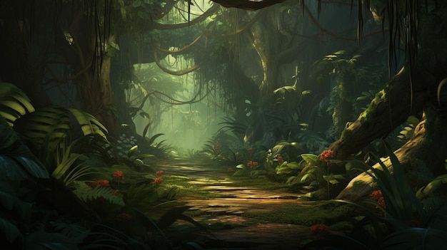 Un camino en la jungla con un camino que conduce a la jungla.