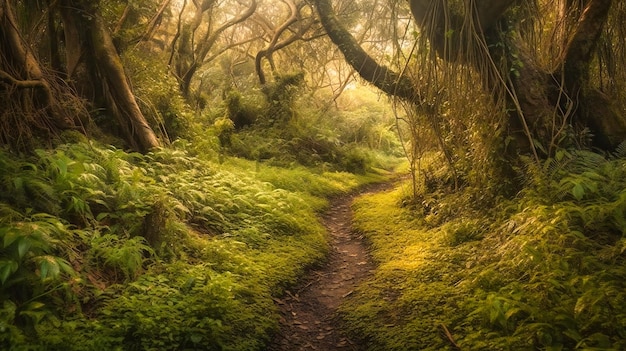 Un camino en la jungla con hierba verde y árboles.