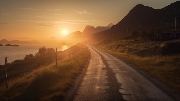 Camino junto al mar al amanecer generativo ai