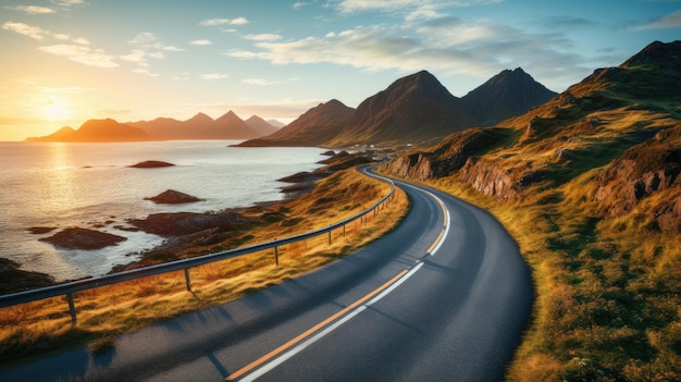 Camino junto al mar al amanecer Isla de Lofoten Noruega