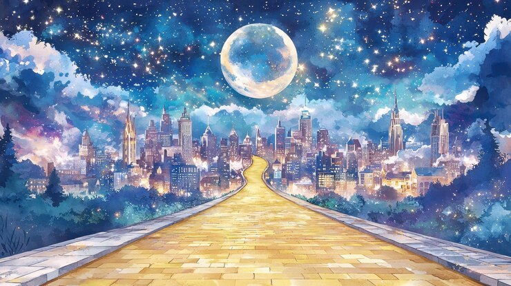 Camino de ladrillo amarillo que conduce al paisaje urbano bajo el cielo nocturno con luna llena y estrellas