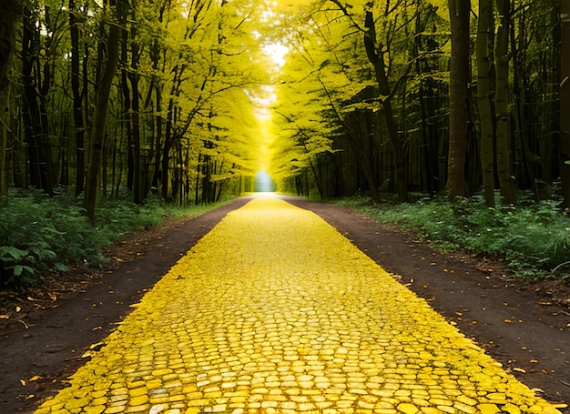 Foto camino de ladrillos amarillos que atraviesa un bosque