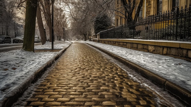 Un camino de ladrillos con nieve en el suelo y un edificio al fondo.